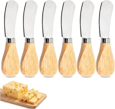 6-delige Kaasmes Set – Spreadermessen met Eiken Houten Handvat – RVS Botermes voor Kaas, Boter & Jam – 12,5 c