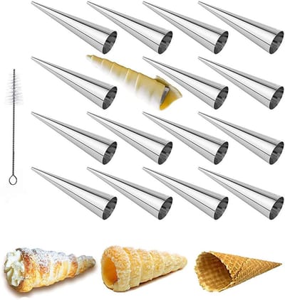 16 Stuks Mallen voor Roomhoorn met Schoonmaakborstel, RVS Cone Roller voor het Bakken van Cannoli Schelpen en Krokante Gebakjes voor Feestjes en Verjaardagen