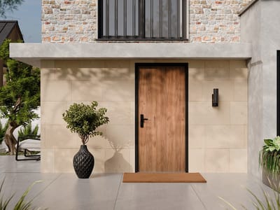 Vente-unique Massieve stalen voordeur H 207 x B 100 cm eikenhoutlook - 68 mm dik - rechtsdraaiend - AGUEDA