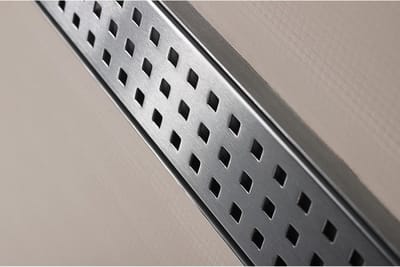 Betegelbare doucheplaat 120 x 120 cm met goot Wiper Showerlay Sirocco afvoer horizontale goot hoofdzijde betegelbaar douchebord douchebak gelijkvloers