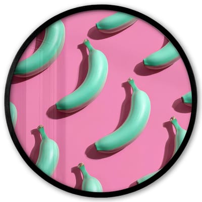 Poster in lijst Rond - Fotolijst 40x40 cm - Posters - Bananen - Patroon - Blauw - Roze - Ronde posterlijst zwart - Decoratie - Wanddecoratie woonkamer - Muurdecoratie slaapkamer