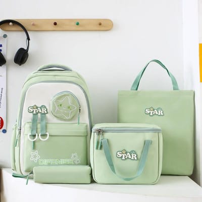 Rugzak voor basisschool- en middelbare scholieren, schooltas, nieuw, modieus en trendy, geïsoleerde lunchtas met grote capaciteit, vierdelige set.