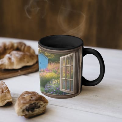 Magische Mok - Foto op Warmte Mokken - Koffiemok - Doorkijk - Bloemen - Raam - Natuur - Magic Mok - Beker - 350 ML - Theemok