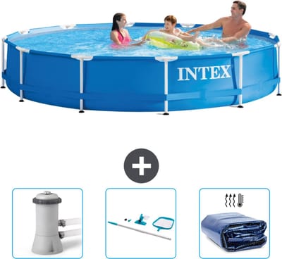 Intex Rond Frame Zwembad - 366 x 76 cm - Blauw - Inclusief Zwembadfilterpomp - Schoonmaakset - Solarzeil
