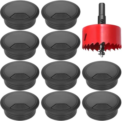 Famanu - 10 stuks bureaudoorvoertule, tafelkabeldoorvoertule 80 mm met gatzaag, ronde kabel gat cover draad organizer voor thuis en op kantoor tafel (zwart)