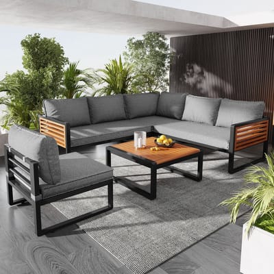 Tuinlounge-Set - 5-6 Personen - Verzinkt Staal - Houten Armleuningen - Modern - Grijs