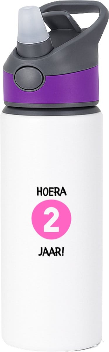 Hacebo® - Hoera 2 jaar waterfles met rietje paars - Verjaardag - Jarigen - Verjaardagscadeau - peuter - Happy birthday - water fles - 650ML