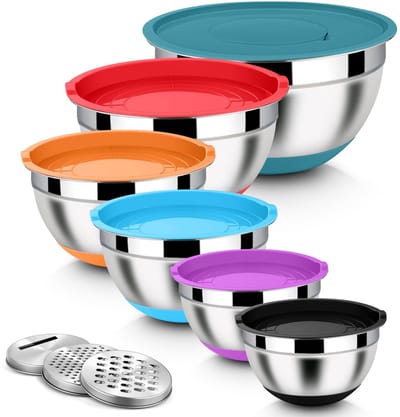 Unyqoos® Complete set van roestvrijstalen mengkommen met raspopzetstukken en deksels