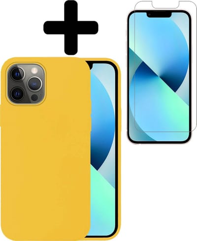 Hoesje - Met Screenprotector - Geschikt voor Apple iPhone 13 Pro - Sterk & Shockproof - Telefoon Hoes - Back Cover - Siliconen Case - Telefoonhoes - Geel
