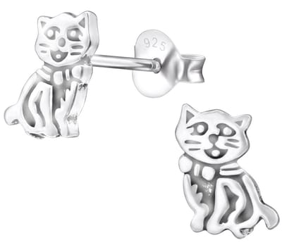 Joy|S - Zilveren kat poes oorbellen - massief - 7 x 9 mm - geoxideerd - oorknoppen