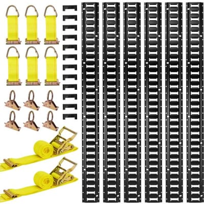 VEVOR E-Track bevestigingsrailset, 6-pack 1,5 m, 26-delige accessoireset, inclusief 2 ratelriemen, 6 O-ringen, 6 bevestigingsriemen met D-ringen en 12 eindkappen, voor garages, bestelwagens, aanhangwagens en motoren