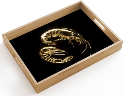 Dienblad hout 40x30 cm - Schootdienblad - Garnalen - Zwart - Goud - Dieren - Borrelplank rechthoek - Plateau dienbladen