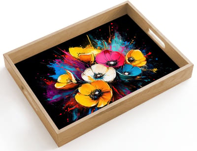 Dienblad hout 40x30 cm - Schootdienblad - Bloemen - Kleurrijk - Graffiti - Modern - Boeket - Borrelplank rechthoek - Plateau dienbladen
