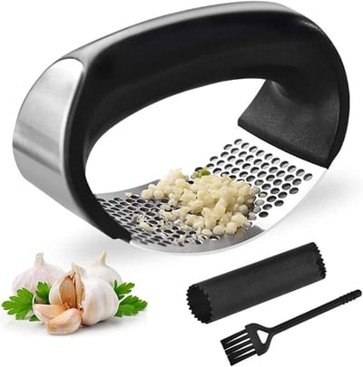 QTTVBTNA -Knoflookpers RVS Wipmodel – Multifunctionele Garlic Rocker met Siliciumschiller en Reinigingsborstel, Vaatwasmachinebestendig, ideaal voor Knoflook, Gember en Kruiden