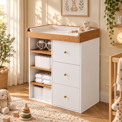 2-in-1 Luiercommode - Kaptafel - Opslagkastje - Commode Kast - Multifunctioneel Ladekast - Verstelbare reling - Met lades - Met open vakken - 82x50x100 cm - Stabiel en duurzaam - Wit,natuurlijke kleuren