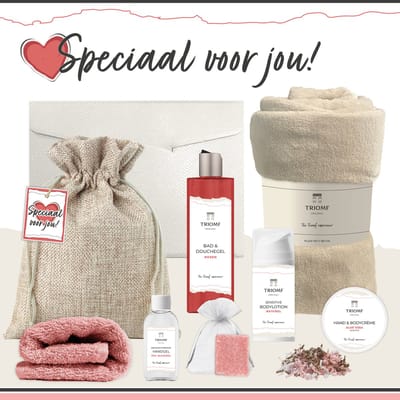 Geschenkset “Speciaal Voor Jou!” - 8 producten - 1240 gram - Triomf Cosmetica | Giftset voor haar Cadeau Valentijnsdag Luxe wellness cadeaubox Vrouw Cadeaupakket Kerst Geschenk Pakket Verjaardag Gift Valentijn Vriendin Rood Beige