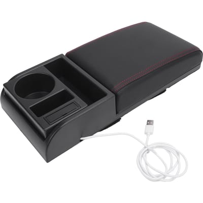 Couvercle de Boîte Accoudoir de Console Centrale Longueur Réglable avec Port de Chargement USB Porte-Gobelet Ajustement Universel Boîte Accoudoir de Voiture Red Line black