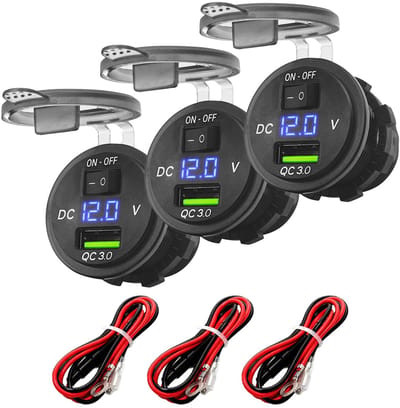 ProRide 12V USB Wandcontactdoos Inbouw - 1 USB Poort - Voltmeter - 5V/2.4A - Blauw - Kabel en Zekering - 3 stuks