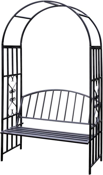 Pergola met bank - Rozenboog tuinbank - Buitenruimte decoreren - Geïntegreerde zitting - 205x114x55 cm - Zwart