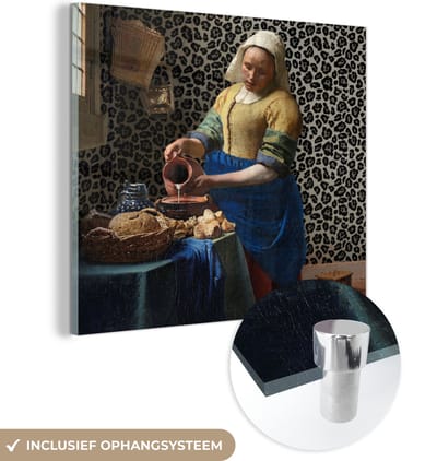 MuchoWow® Glasschilderij 50x50 cm - Schilderij acrylglas - Melkmeisje - Kunst - Panterprint - Vermeer - Schilderij - Oude meesters - Foto op glas - Schilderijen