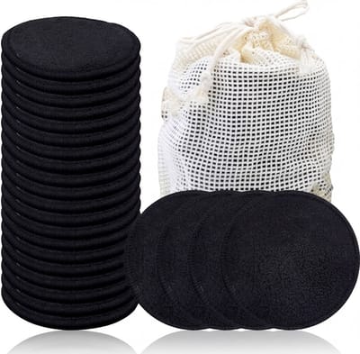 Wasbare make-upremoverpads van bamboevezels, 24 stuks wasbare katoenen make-upremoverpads met wasbare waszak, herbruikbaar biologisch katoen, make-uppads voor alle huidtypen, zero waste,Make-up removerpad van zwarte bamboevezels