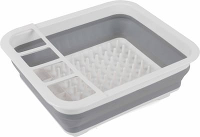 Opvouwbare afdruiprek - Kunststof gootsteen droogrek met bestekvakken - Opvouwbaar voor compacte opslag - Duurzaam - Geschikt voor borden, kopjes, potten en pannen - Ruimtebesparend voor kamperen of caravans - 30,5 * 36 * 12,5 cm