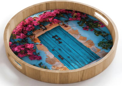 Dienblad rond 40x40 cm - Schootdienblad hout - Deur - Hout - Bloemen - Blauw - Borrelplank rechthoek - Plateau houten dienbladen