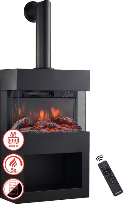 KAMINIO Elektrische haard HENRI met rookafvoerbuis - Elektrische houtkachel met verwarming, 3D-vlameffect, houtopslag, afstandsbediening- Zwart