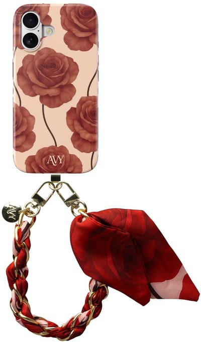 AVY Hoesje Met Telefoonkoord | Geschikt voor Apple iPhone 16 | Compatibel met MagSafe | Hard Shell Back Cover | Stijlvol Bijpassend Koord 32CM | Botanique Roses | Rood