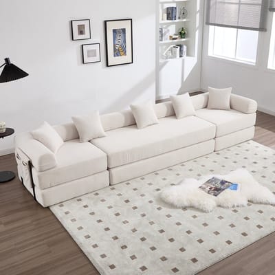 STILVORA Modulaire Hoekbank 270 X 180 X 90 Cm - Snel Uitvouwbaar & Met Zijvak - Als Slaapbank Voor Woonkamer En Logeerkamer - Corduroy Beige