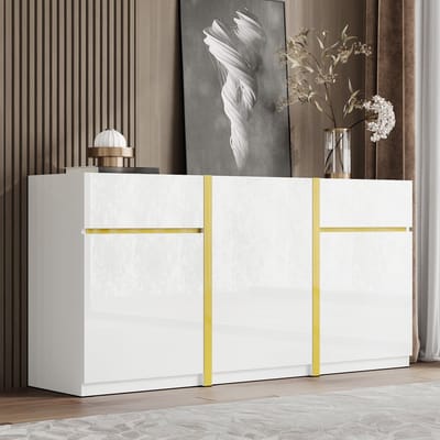 MODENUIT Dressoir - Hoogglans Opbergkast Met 3 Deuren En 2 Lades - Voor Woonkamer En Hal - MDF Wit - 160x40x78 Cm