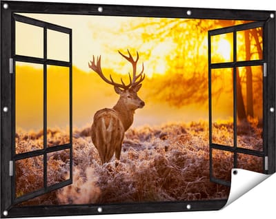 Gards Tuinposter Doorkijk Hert in Bos tijdens de Zonsopkomst - 120x80 cm - Tuindoek - Tuindecoratie - Wanddecoratie buiten - Tuinschilderij
