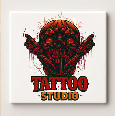 Tattoo Studio Schedel Kunst Keramische Tegel 15x15cm – Stoer Rood Gotisch Ontwerp voor Tattoo Liefhebbers & Woondecoratie