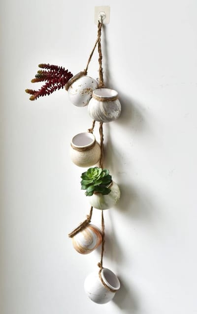 6 stuks mini succulente plantenbakken, 4 "keramische wand- of plafondmontage hangende bloempot met jute touw voor binnen en buiten decor, lichtbeige