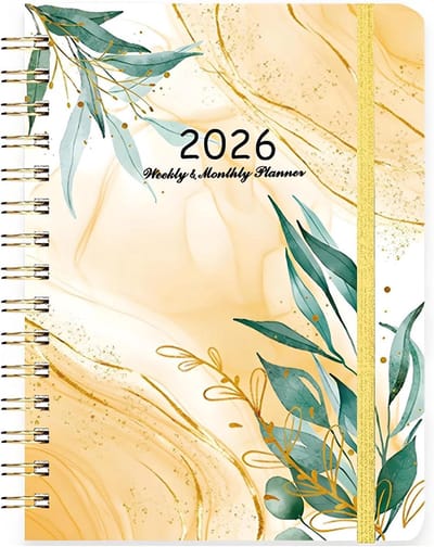 Planner - Weekplanner - Planningsnotitieboekje - Schema voor 2026 - Kalenderplanner - Groen blad, geschikt voor werk en dagelijkse taken, kantoor en thuis.