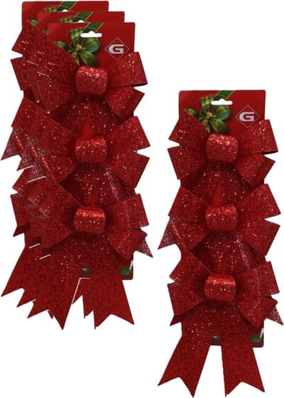 Gerimport kerstornamenten strikken - 12x st- rood - 12x24 cm - kerstboomstrikjes - kerstversiering