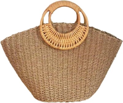 Strandtas Geweven Stro - Dame Handtas - Zomerse Uitstapjes - Handgemaakt Design - 25cm Breed - Effengekleurd
