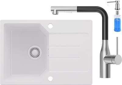 Anycee MAX Spoelbak Keuken 65x45CM - Granieten Spoelbakken Met Keuken Kraan en Zeepdispenser - Onderbouw Spoelbak Wit - Met waterafvoersysteem - Voor 40 cm kast