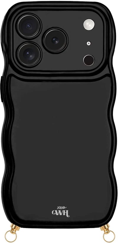xoxo Wildhearts Glossy Wavy Cord Case Black telefoonhoesje - Geschikt voor iPhone 17 Pro - Golvend hoesje geschikt voor telefoonkoord - Glimmende silicone case met golven - Vlekbestendig hoesje met haakjes - Zwart