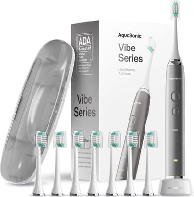 AquaSonic - Sonische Elektrische Tandenborstel - Vibe Series - Grijs - ADA Accepted Electric Toothbrush - 8 Brush Heads & Travel Case – 40,000 VPM Motor & Wireless Charging - 4 Modes w Smart Timer – Charcoal Metallic