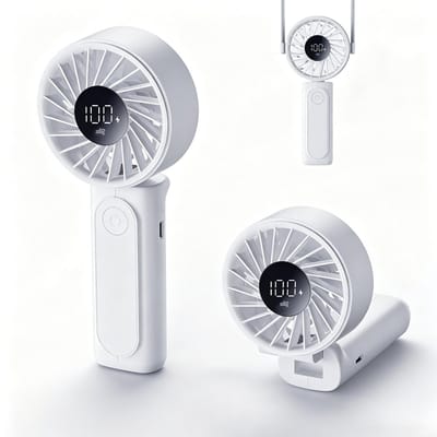Handventilator - Oplaadbare Mini Ventilator - Draagbare Ventilator 4000mAh - 3-in-1 Ventilator Hand Hals Tafel - 6 Snelheden - LCD Display - Powerbankfunctie - Compact en Opvouwbaar - Wit