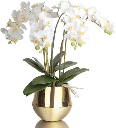 Kunst Orchidee Set - Zijden Bloemen - Huis Decoratie - Met Gouden Vaas - 53 cm Hoog - Wit