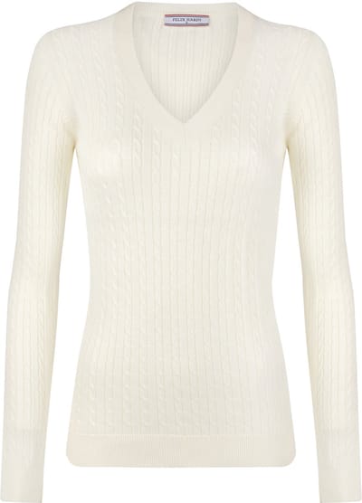 Felix Hardy Kabelgebreide Trui Met V-Hals - 100% Katoen Dames Ecru - L