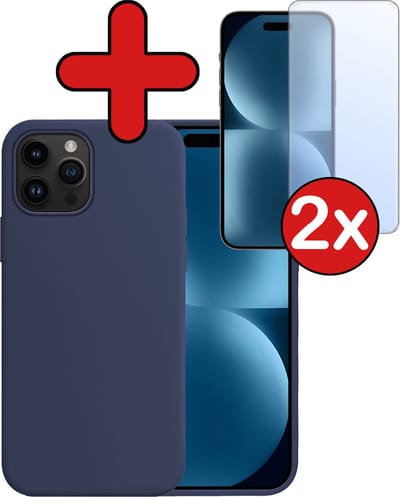 Hoesje - Met 2x Screenprotector - Geschikt voor Apple iPhone 15 Pro - Sterk & Shockproof - Telefoon Hoes - Back Cover - Siliconen Case - Telefoonhoes - Donkerblauw