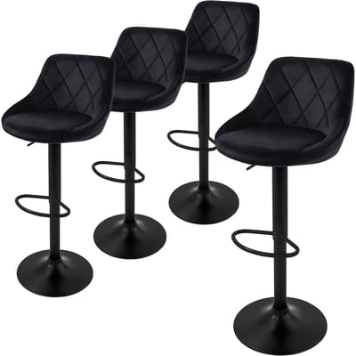 Set van 4 barkrukken zwart fluwelen bekleding met rugleuning en voetensteun in hoogte verstelbaar 62-82cm ML-Design