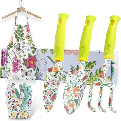 Tuingereedschapskit - schort en handschoen - tuincadeaus voor vrouwen - 3-delige set - binnen en buiten - handtroffel - planten wieden vork - ergonomische handgreep