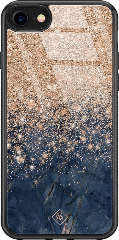 Casimoda® hoesje - Geschikt voor iPhone 8 - Marmer Blauw Rosegoud - Luxe Hard Case Zwart - Backcover telefoonhoesje - Rosekleurig