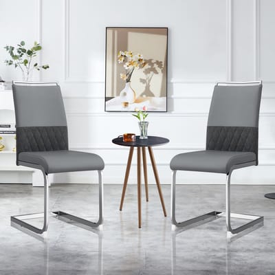 Sweiko Moderne Restaurant Stoel Set van 2, Rugleuning PU Synthetisch Leer en Linnen, Hoge Rugleuning Zachte Kussen Zijstoel, Cross Riem Rugleuning Ontwerp voor Restaurant, Keuken, en Gastenkamer Kantoor Stoelen, Grijs