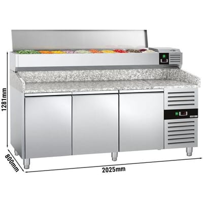 GGM Gastro Pizzakühltisch PREMIUM - 2000x800mm - mit 3 Türen - inkl. Kühlaufsatzvitrine - 10x GN 1/4 Zilver