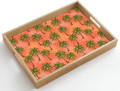 Dienblad hout 50x35 cm - Schootdienblad - Kust - Palmbomen - Oranje - Geel - Borrelplank rechthoek - Plateau dienbladen